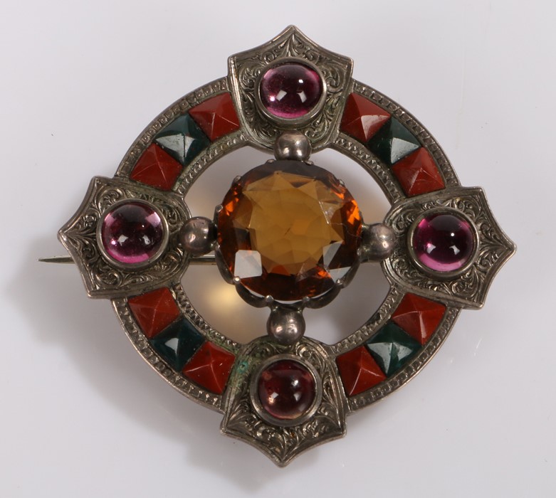 Scottish brooch, with agates and cabochon cut stones, registration mark to the back, 50mm diameter