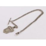 Silver pocket watch chain, with T bar and clip end, attached white metal pendant with vacant