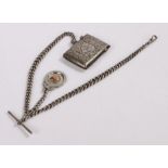 Silver pocket watch chain, with T bar and clip end, attached silver pendant with vacant gilt