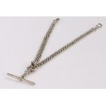 Silver pocket watch chain, with sliding T bar and clip ends, 39.5cm long, 2.2oz