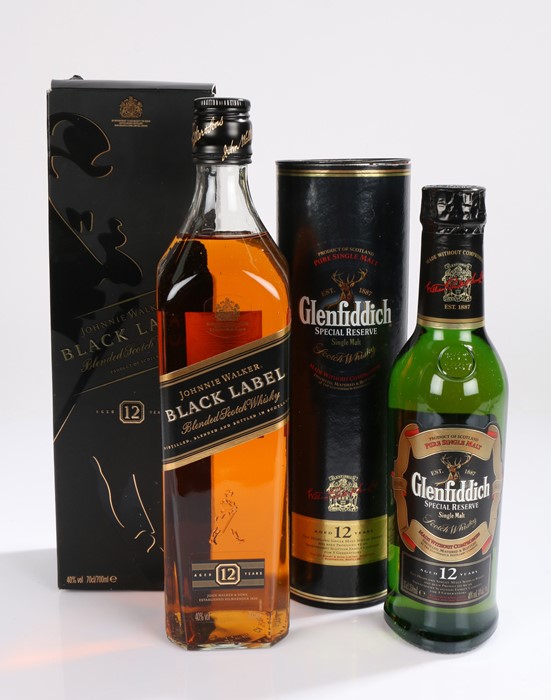 Johnnie Walker Black Label Whisky, 40% 70cl, together with Glenfiddich single malt whisky aged 12