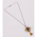 9 carat gold citrine and pearl set pendant necklace, in the Art Nouveau taste, attached to the 9