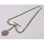 Silver pocket watch chain, with sliding T bar and clip ends, attached silver pendant with vacant