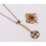 Art Nouveau amethyst and pearl jewellery, to include a pendant necklace and a pendant, (2)