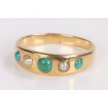 Pearl and turquoise set ring, with a row to the head and yellow metal shank, ring size L
