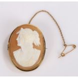 9 carat cameo brooch, carved as a classical figure set into a 9 carat gold mount, 35mm diameter
