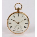 18 carat gold open face pocket watch, the white enamel dial with Roman numerals and subsidiary