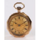 14 carat gold open face pocket watch, the gilt dial with Roman numerals and foliate decorated