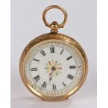 Ladies continental 14 carat gold open face pocket watch, the white enamel dial with Roman