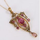 9 carat gold pearl and tourmaline set pendant necklace, with a central oval tourmaline with fret and