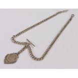 Silver pocket watch chain, with T bar and clip ends, attached silver pendant initialled JTM, 44cm