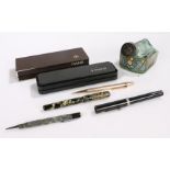Pens, to include a Sheaffer fountain pen, a Yard'o'lead pencil in gold plate, two Parker pen