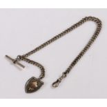 Silver pocket watch chain, with T bar and clip end, attached silver shield shaped pendant, 39.5cm