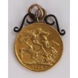 George V gold sovereign, George and dragon, 1912, with scrolled pendant mount