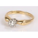 18 carat gold diamond set solitaire ring, the central round cut diamond with shaped shoulders,