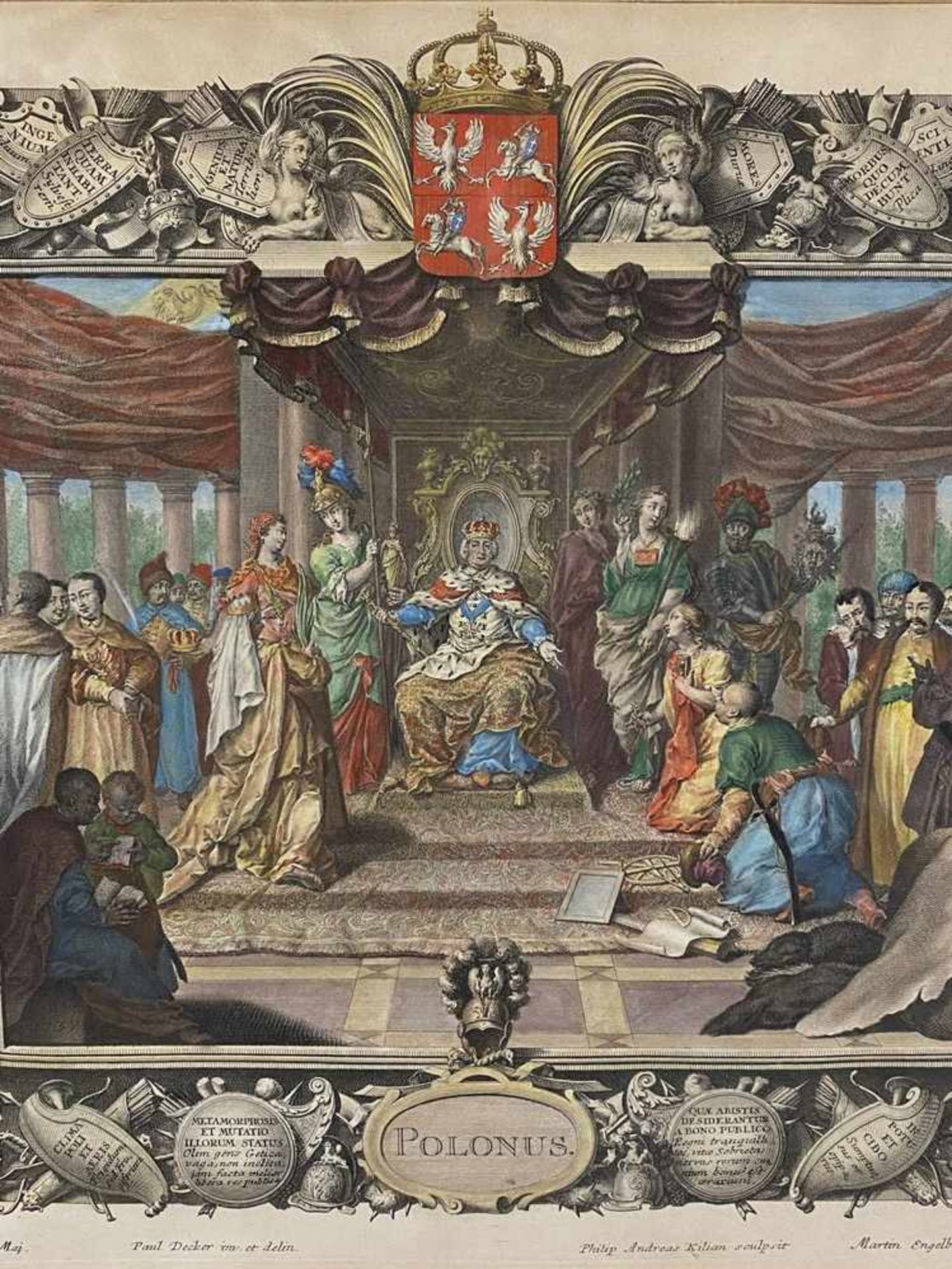 "Polonus" - vielfigurige allegorische Darstellung von Polen, mit Wappen bekrönt, von Kartuschen - Bild 2 aus 8