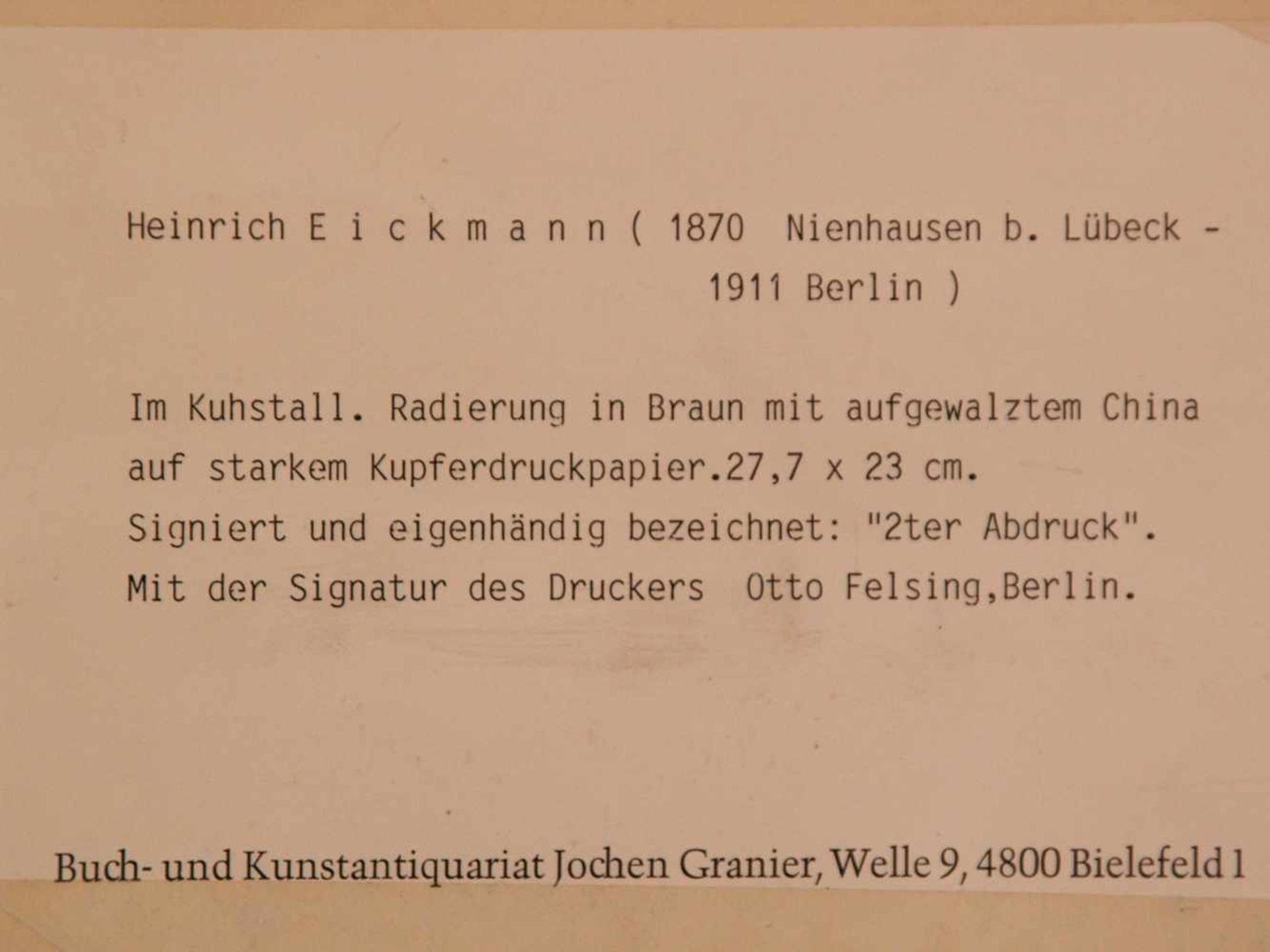 Eickmann, Heinrich (1870 Nienhausen bei Lübeck-1911 Berlin) - "Im Kuhstall", Originalradierung, - Bild 4 aus 5