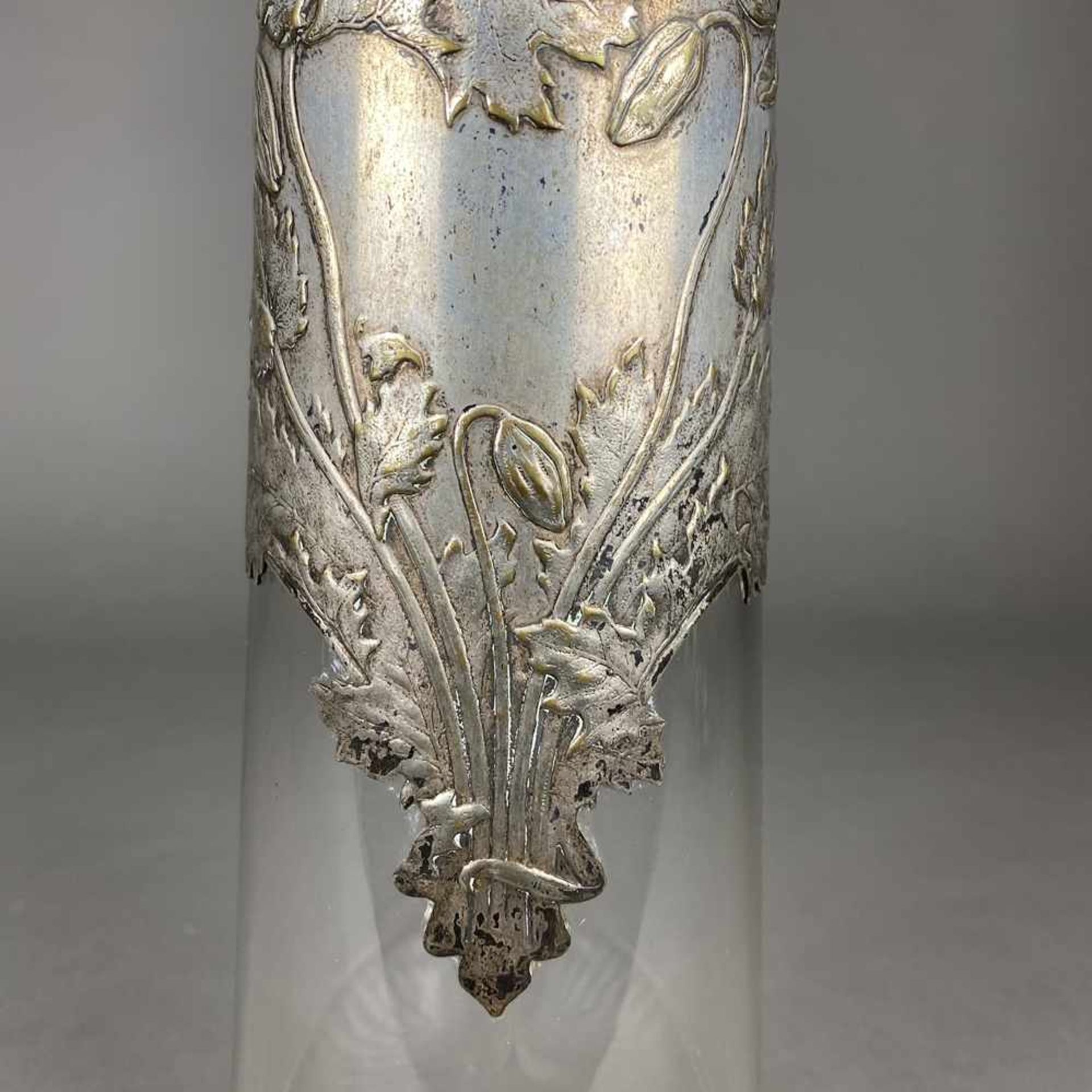 Jugendstil-Karaffe - Klarglas mit Metallmontierung, hohe konische Wandung mit sternförmigem - Bild 7 aus 9