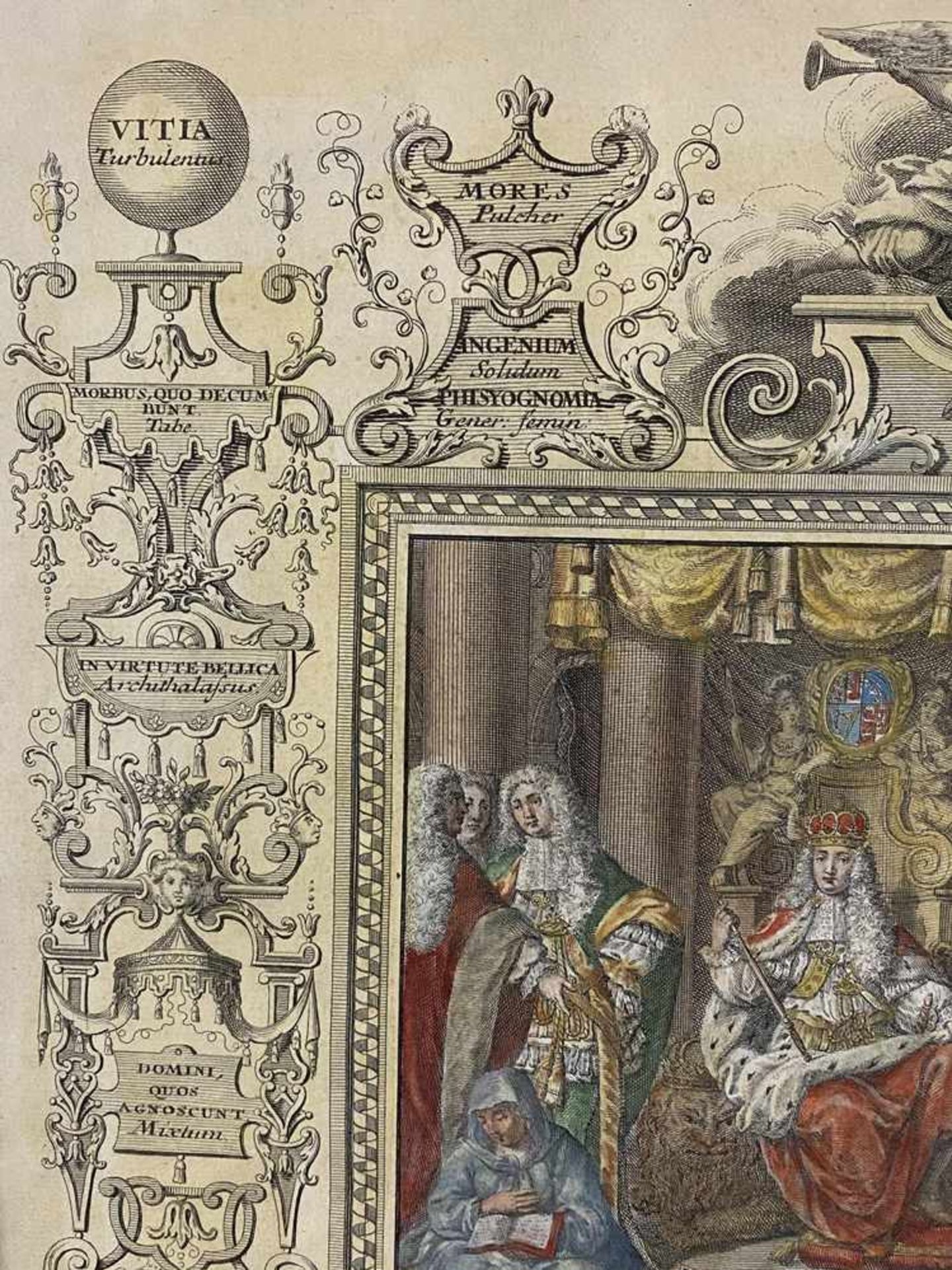 "Anglus" - vielfigurige allegorische Darstellung von England, mit Wappen bekrönt, von Kartuschen mit - Bild 7 aus 8