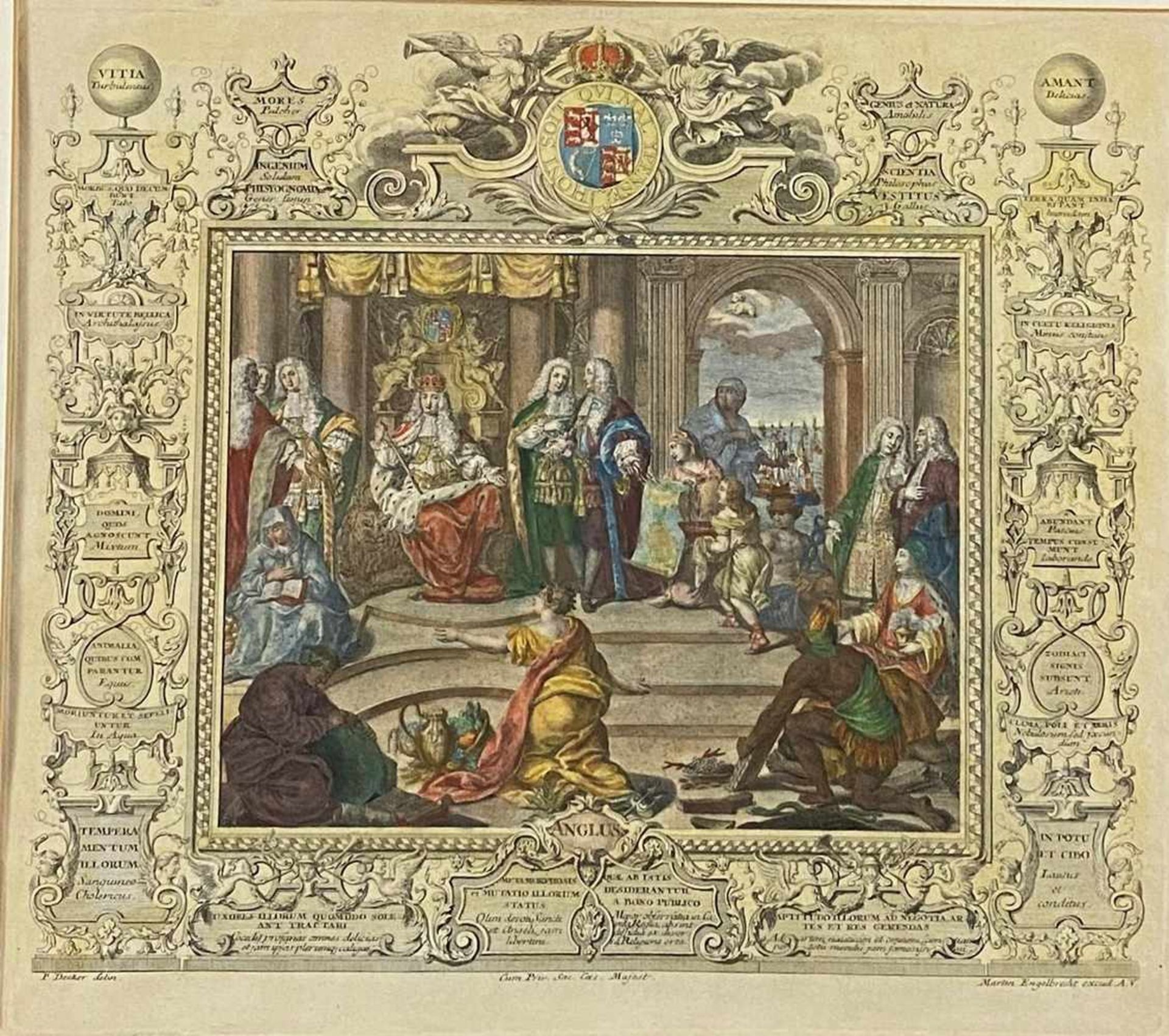 "Anglus" - vielfigurige allegorische Darstellung von England, mit Wappen bekrönt, von Kartuschen mit