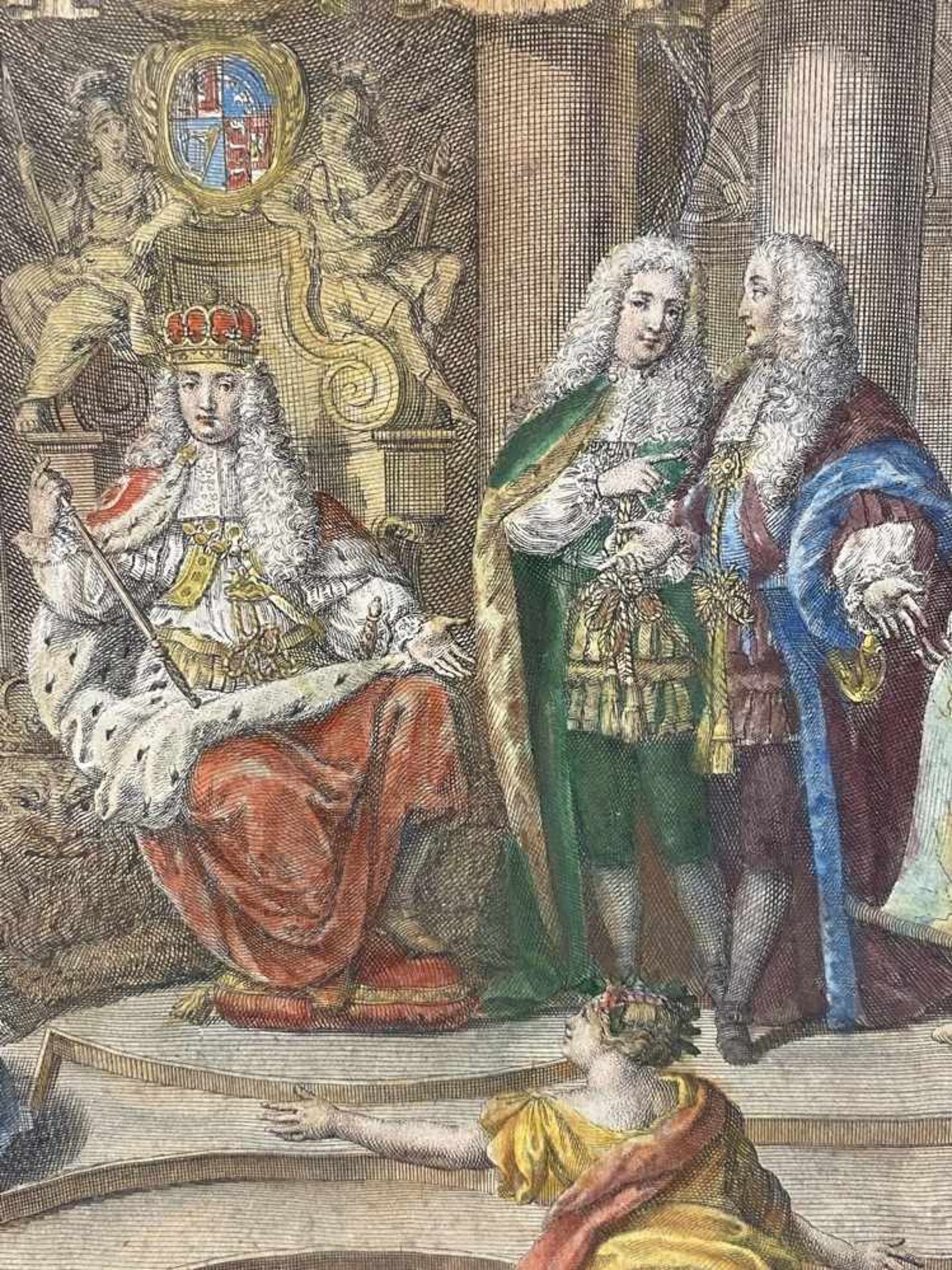 "Anglus" - vielfigurige allegorische Darstellung von England, mit Wappen bekrönt, von Kartuschen mit - Bild 3 aus 8