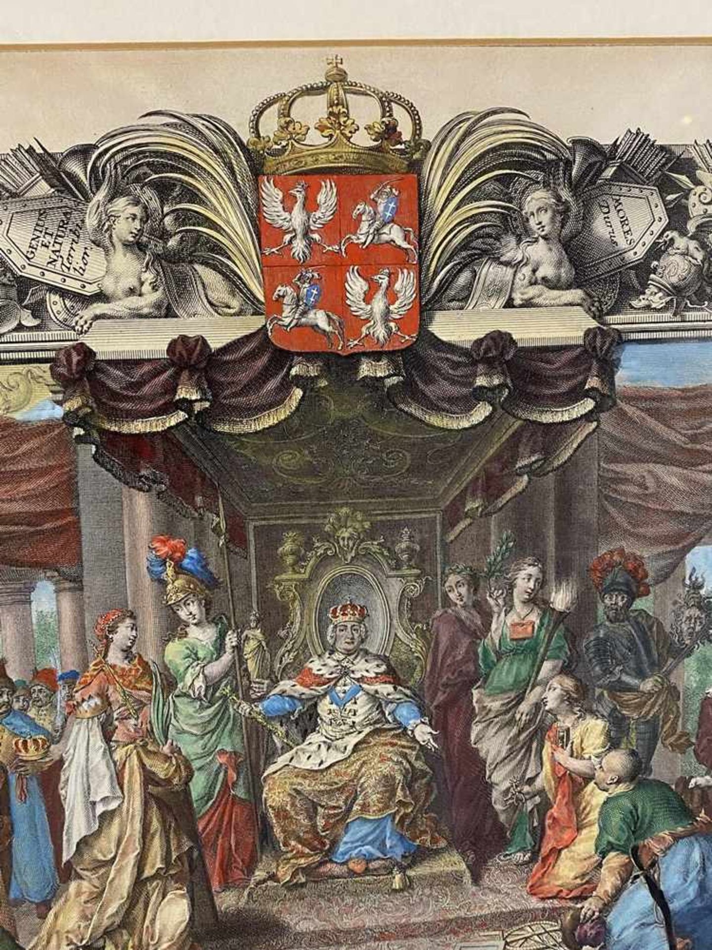 "Polonus" - vielfigurige allegorische Darstellung von Polen, mit Wappen bekrönt, von Kartuschen - Bild 6 aus 8