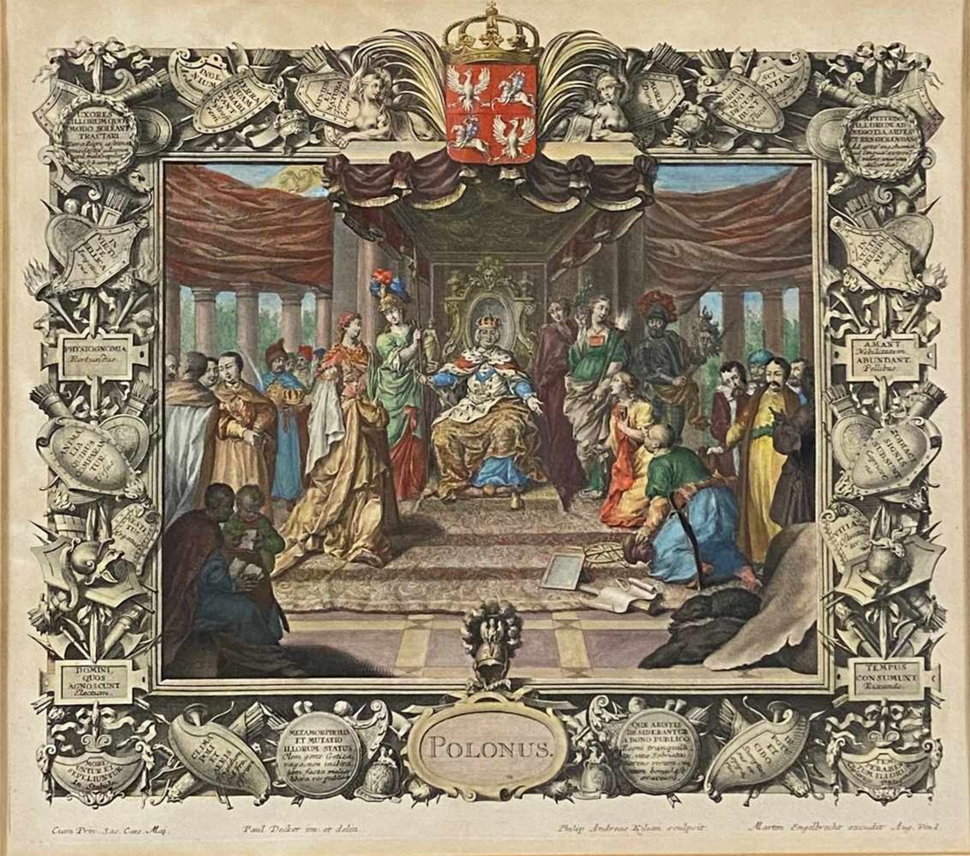 "Polonus" - vielfigurige allegorische Darstellung von Polen, mit Wappen bekrönt, von Kartuschen