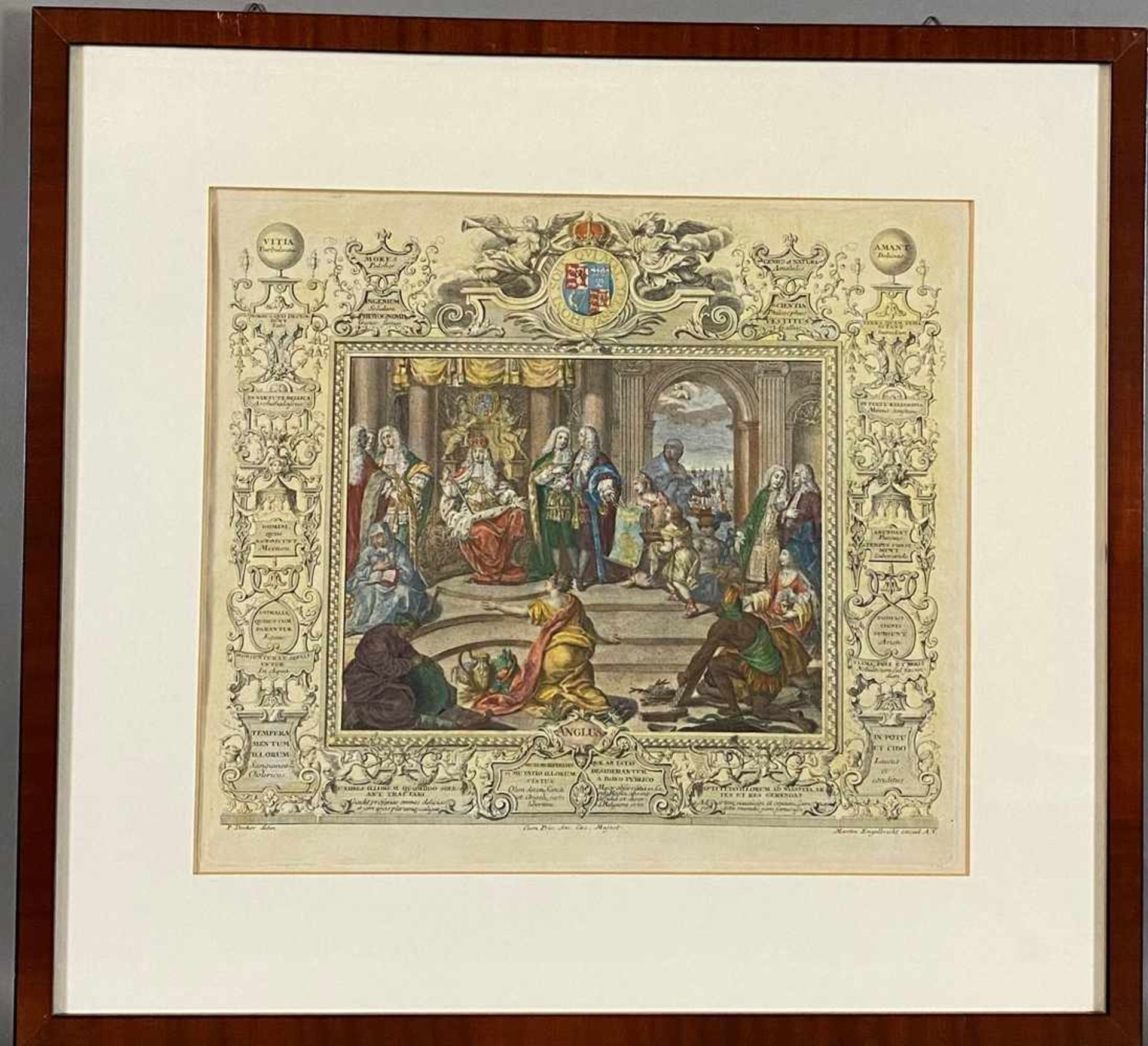 "Anglus" - vielfigurige allegorische Darstellung von England, mit Wappen bekrönt, von Kartuschen mit - Bild 8 aus 8
