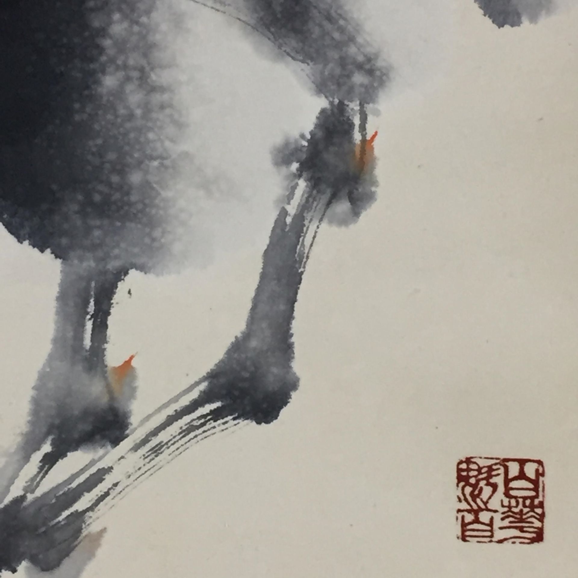 Chinesisches Rollbild - Blühender Baumzweig über felsigem Grund mit Vogelpaar, leichte Farben und - Bild 9 aus 13