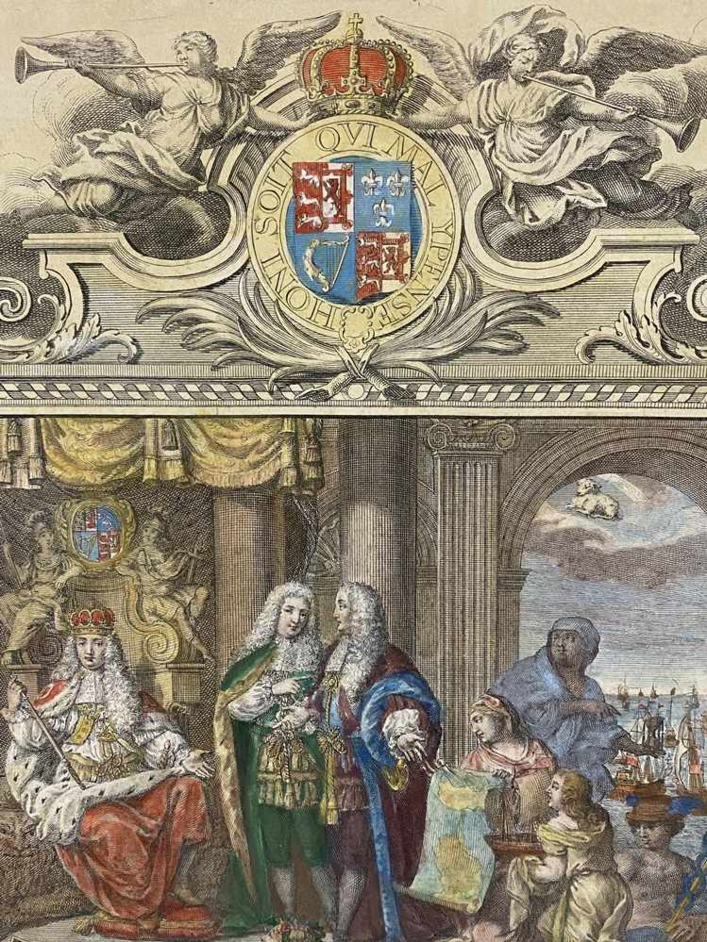 "Anglus" - vielfigurige allegorische Darstellung von England, mit Wappen bekrönt, von Kartuschen mit - Bild 6 aus 8