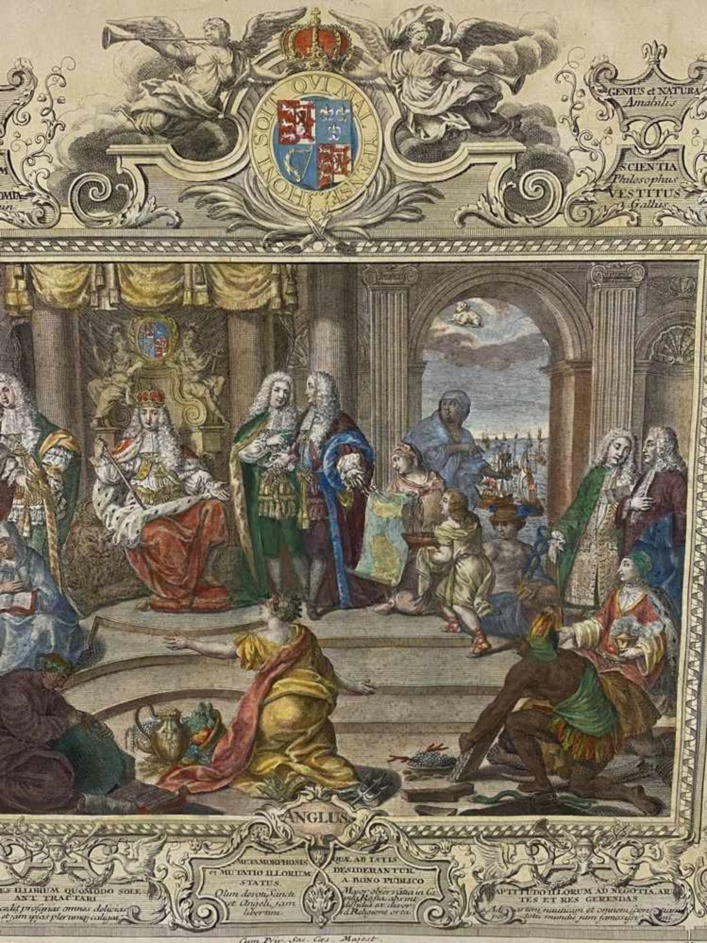 "Anglus" - vielfigurige allegorische Darstellung von England, mit Wappen bekrönt, von Kartuschen mit - Bild 2 aus 8