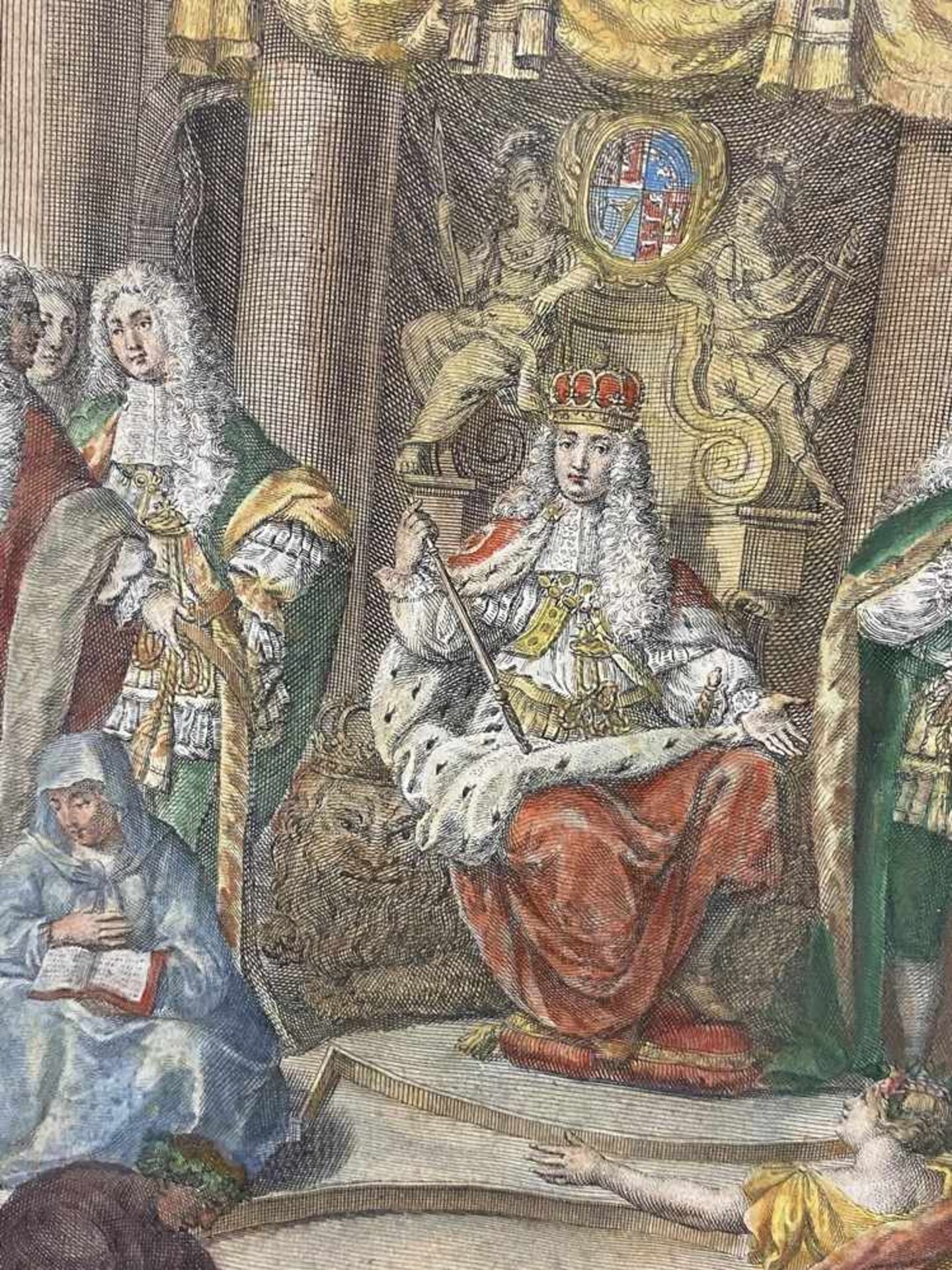 "Anglus" - vielfigurige allegorische Darstellung von England, mit Wappen bekrönt, von Kartuschen mit - Bild 4 aus 8