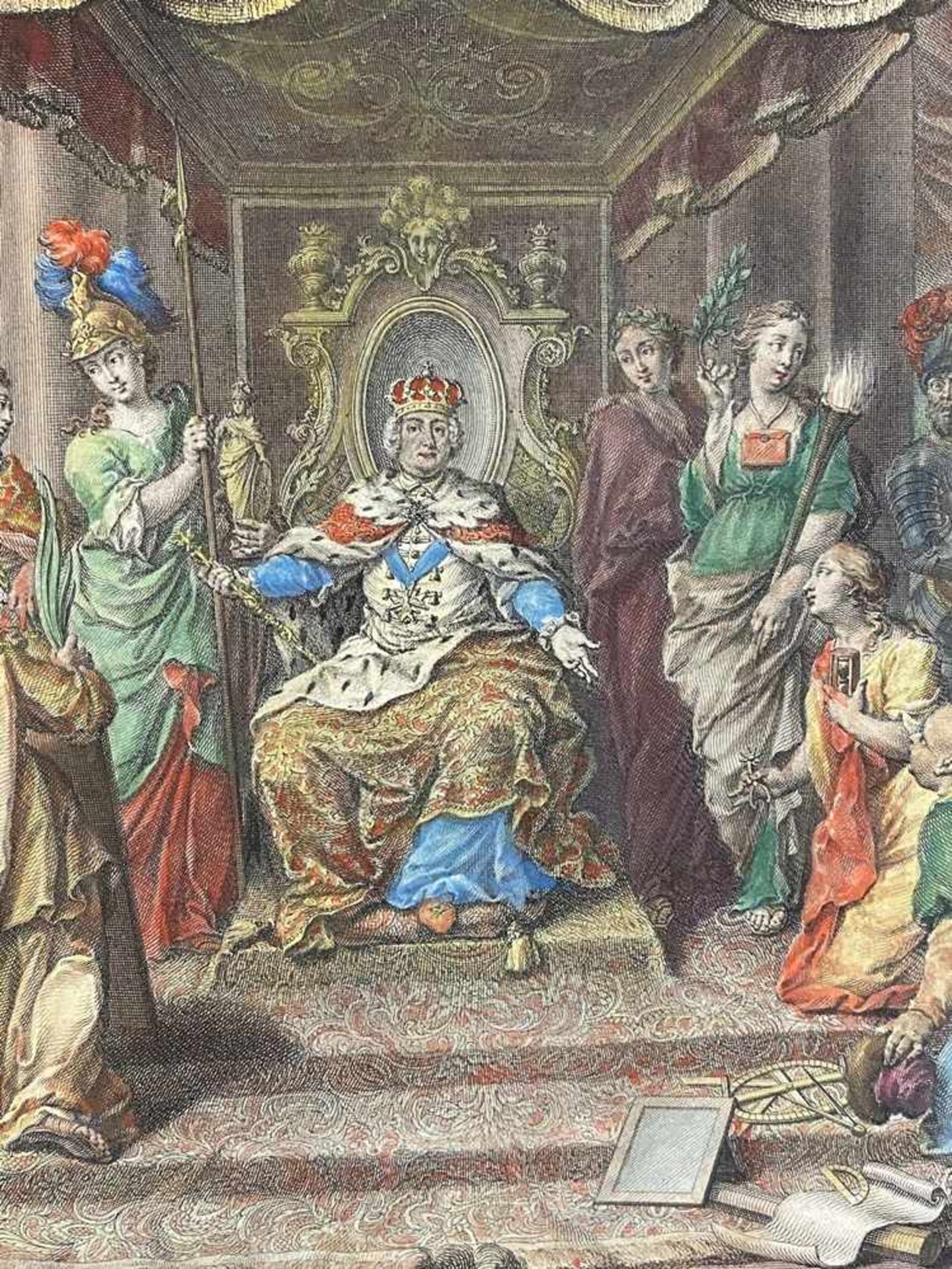 "Polonus" - vielfigurige allegorische Darstellung von Polen, mit Wappen bekrönt, von Kartuschen - Bild 3 aus 8