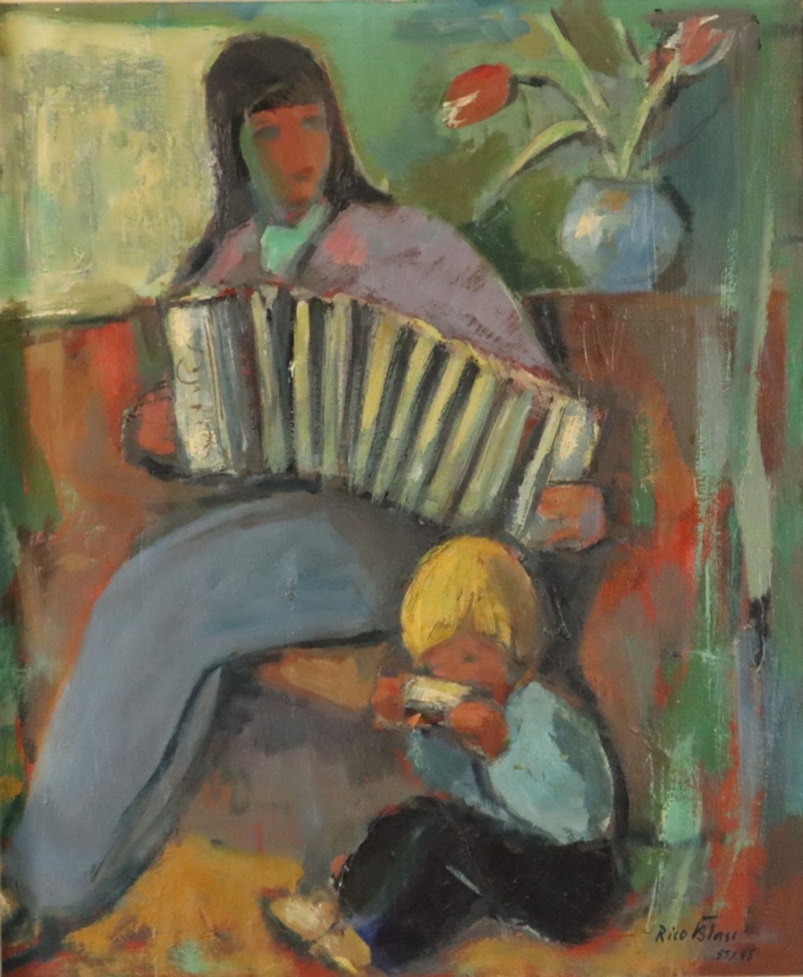 Blass, Rico (1908 Breslau -2002 Frankfurt ) - Musizierende Mutter mit Kind, Öl auf Leinwand, unten