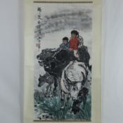 Chinesisches Rollbild - Auf dem Heimweg, Tusche und leichte Farben auf Papier, in chinesischer