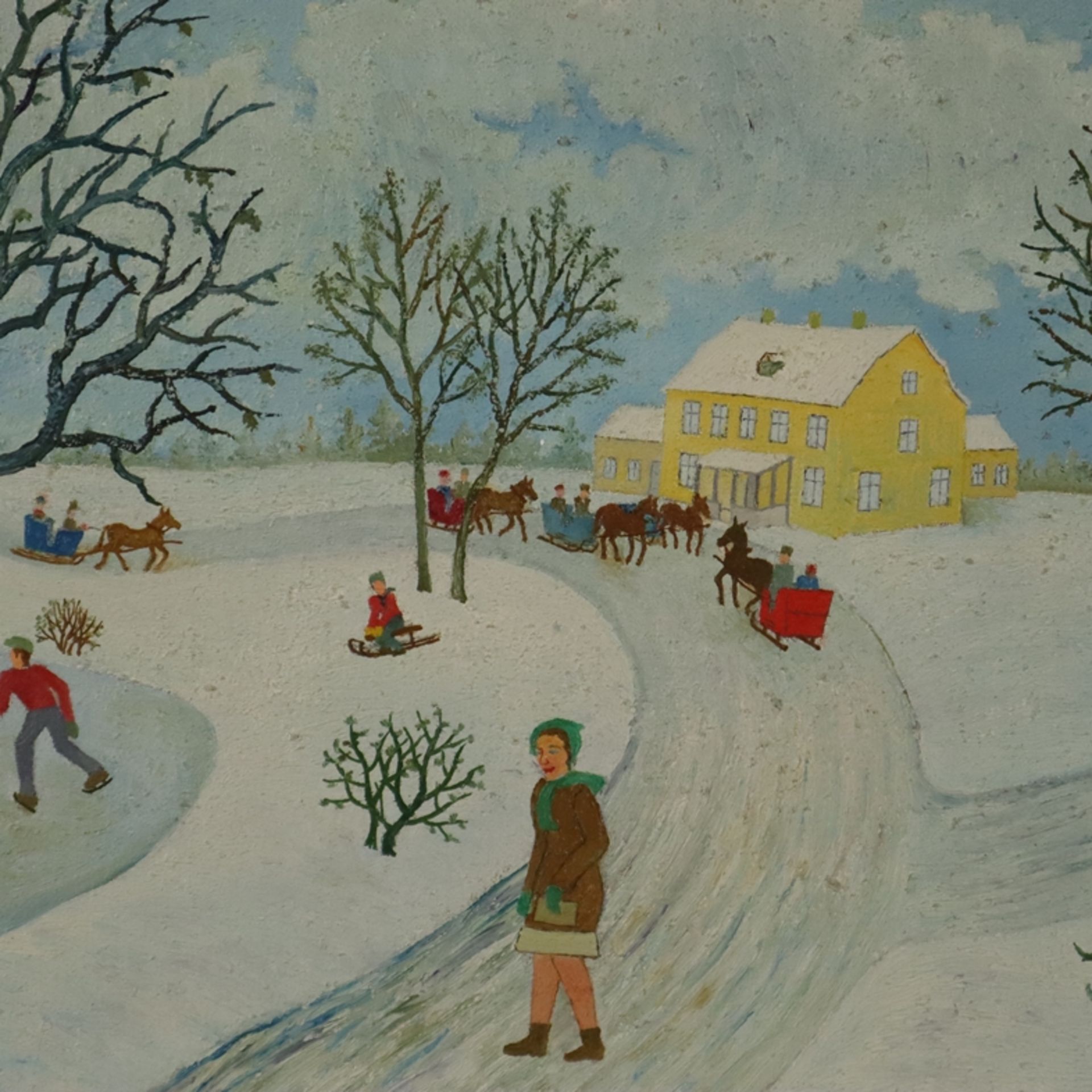 Adamiec, Kazimierz (1917-?, polnischer Maler der naiven Malerei) - "Winter", Öl auf Leinwand, - Bild 2 aus 6