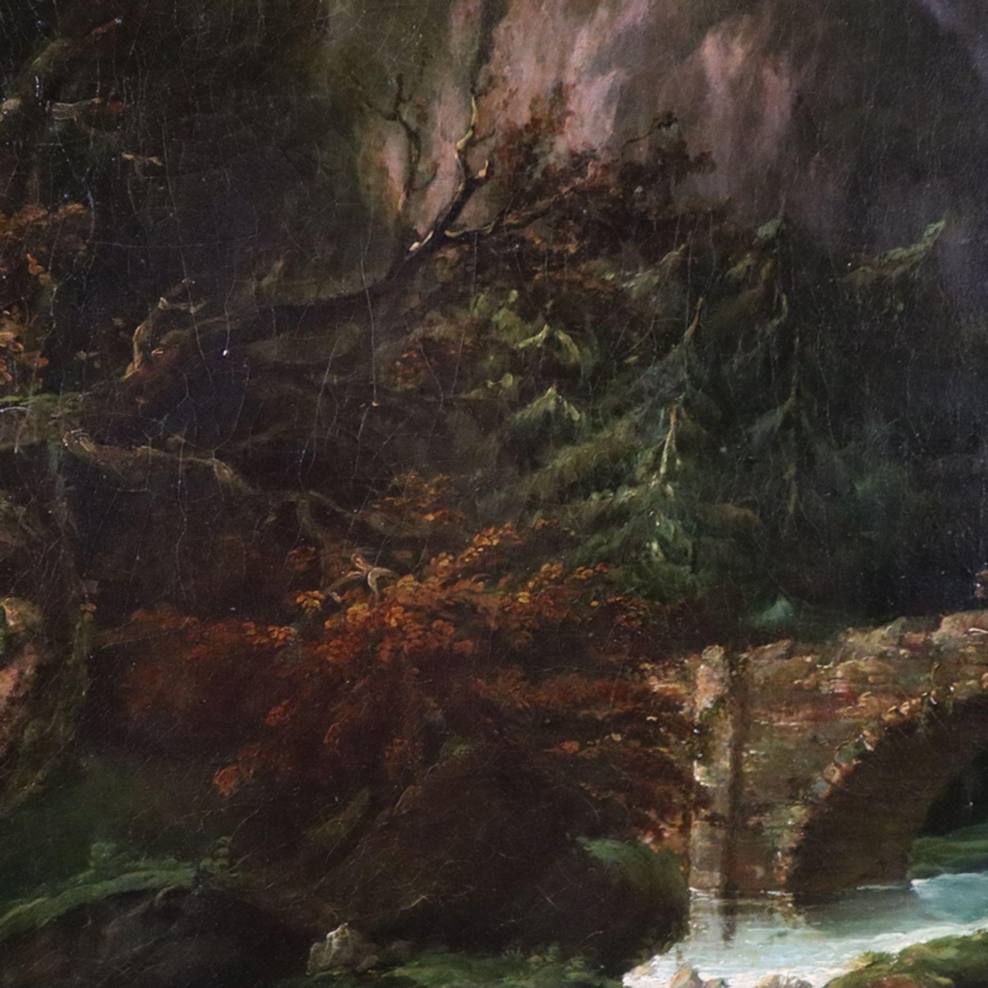 Calame, Alexandre (1810 Vevey - 1864 Menton) - Idyllische Felsenlandschaft mit Steinbrücke über - Bild 8 aus 16