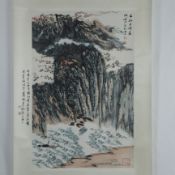 Chinesisches Rollbild - Landschaft mit Wasserfall, Tusche und Farben auf Papier, in chinesischer