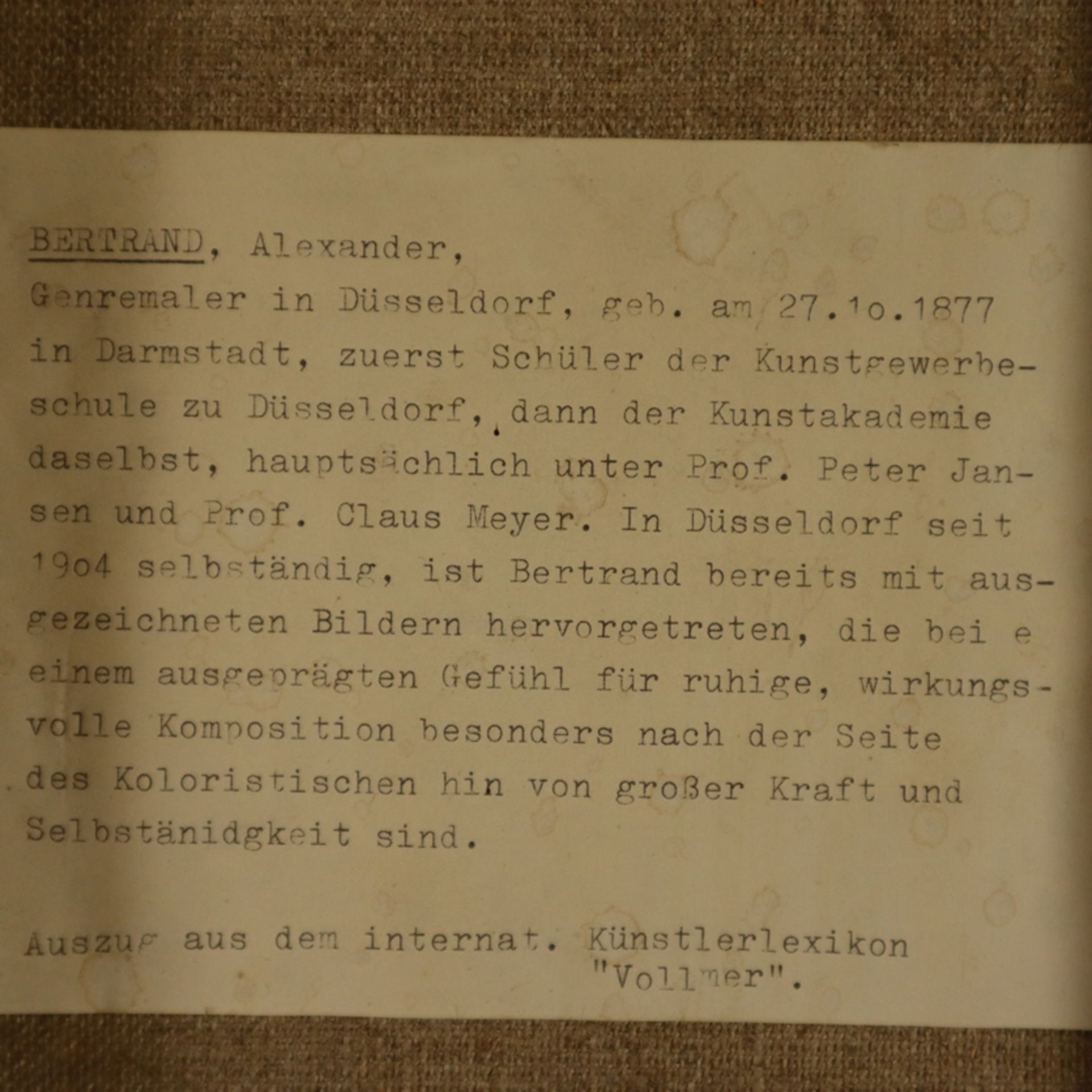 Bertrand, Alexander (1877 Darmstadt - 1947 Düsseldorf) - "Oma mit Häubchen", Öl auf Leinwand, - Bild 9 aus 10