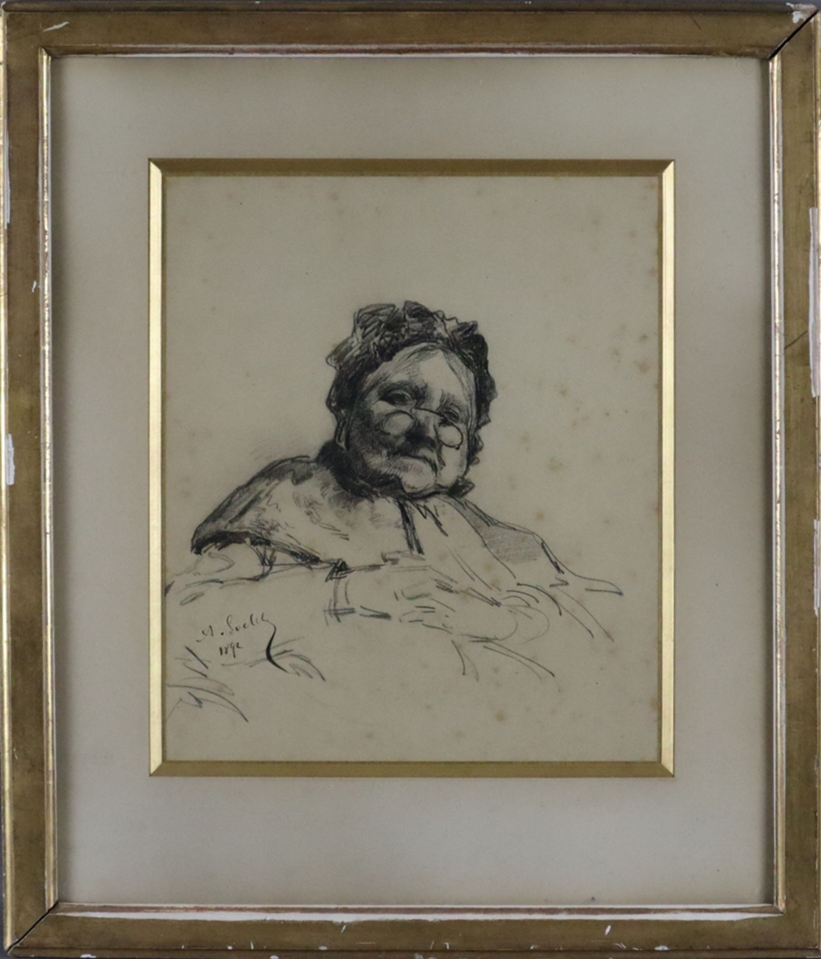 Unbekannter Künstler (19.Jh.) - Portrait einer älteren Dame mit Brille und Haube, 1892,