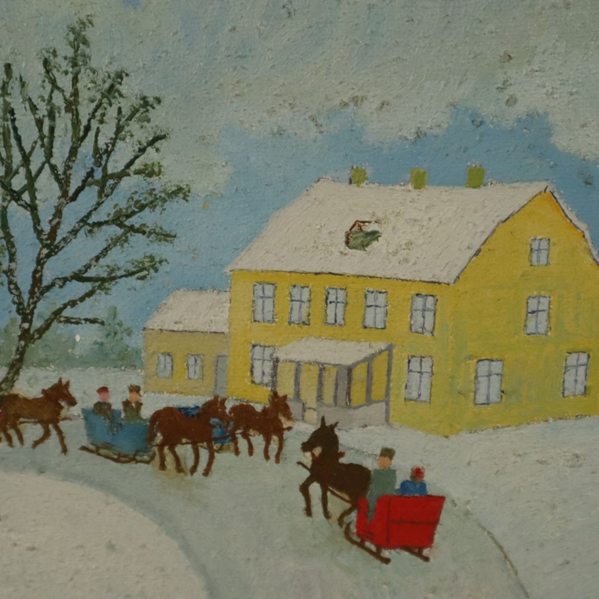 Adamiec, Kazimierz (1917-?, polnischer Maler der naiven Malerei) - "Winter", Öl auf Leinwand, - Bild 4 aus 6