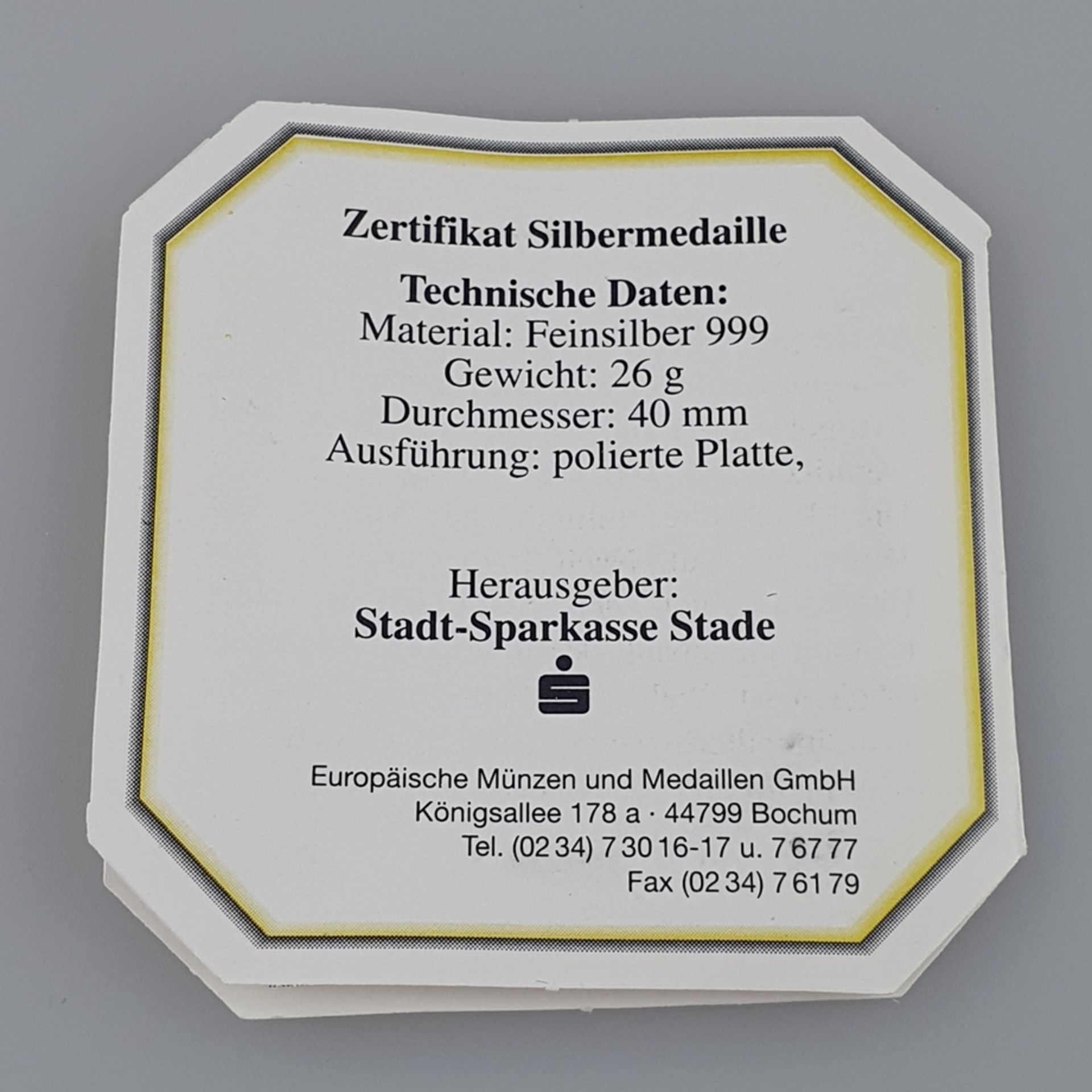 Medaille - Silber 999/000, "1000 Jahre Stade", herausgegeben von Stadt-Sparkasse Stade, polierte - Bild 4 aus 5