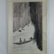 Chinesisches Rollbild - Flusslandschaft mit Männern im Boot, in der Art von Fu Baoshi (1904-1965),