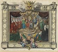 "Germanus" - vielfigurige allegorische Darstellung von Deutschland, mit Wappen bekrönt, von