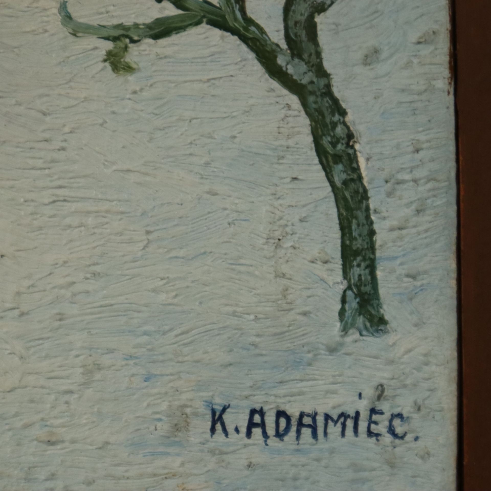 Adamiec, Kazimierz (1917-?, polnischer Maler der naiven Malerei) - "Winter", Öl auf Leinwand, - Bild 5 aus 6