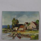 Deberitz, W. (20. Jh.)- "Häuser am Ufer", 1965, Öl auf Platte, unter datiert (19)65, rückseitig