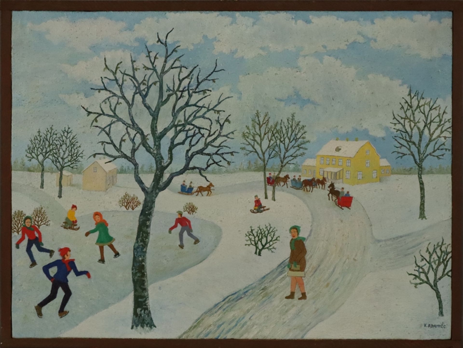 Adamiec, Kazimierz (1917-?, polnischer Maler der naiven Malerei) - "Winter", Öl auf Leinwand,