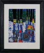 Hundertwasser, Friedensreich - "Blue Blues", Farboffsetdruck mit Metallfolienprägung, 1994, im PP