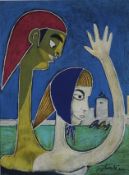 Cocteau, Jean (1889-1963 Frankreich) - "Personnage sur un plage et couple", Farblithografie auf Fond