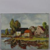 Deberitz, W. (20. Jh.)- "Häuser am Ufer", 1988, Öl auf Leinwand, unter rechts monogrammiert und